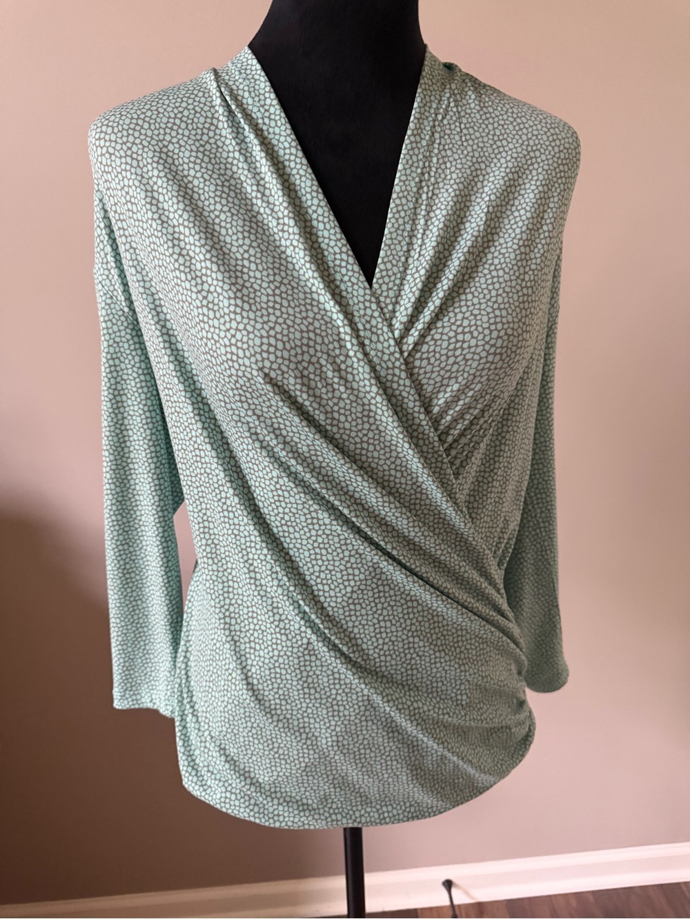 Chaus Mint Green & Gray Faux Wrap-Front Top 3/4 Sleeves Medium
